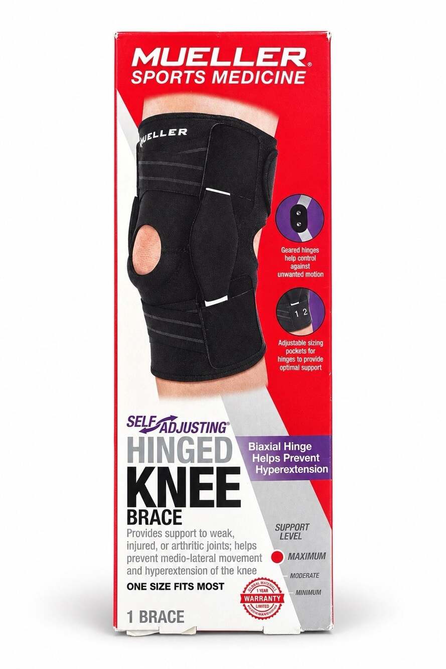 Mueller Sports Medicine Self-Adjusting Hinged Knee Brace designed to provide max